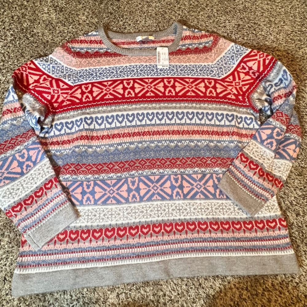 CJ Banks Womens 1X Fair Isle Heart Snowflake Knit Sweater Red Blue Grey New